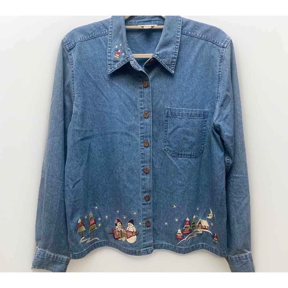 VTG CHRISTOPHER BANKS L Embroidered Snowman Denim Shirt Jacket Granny Christmas
